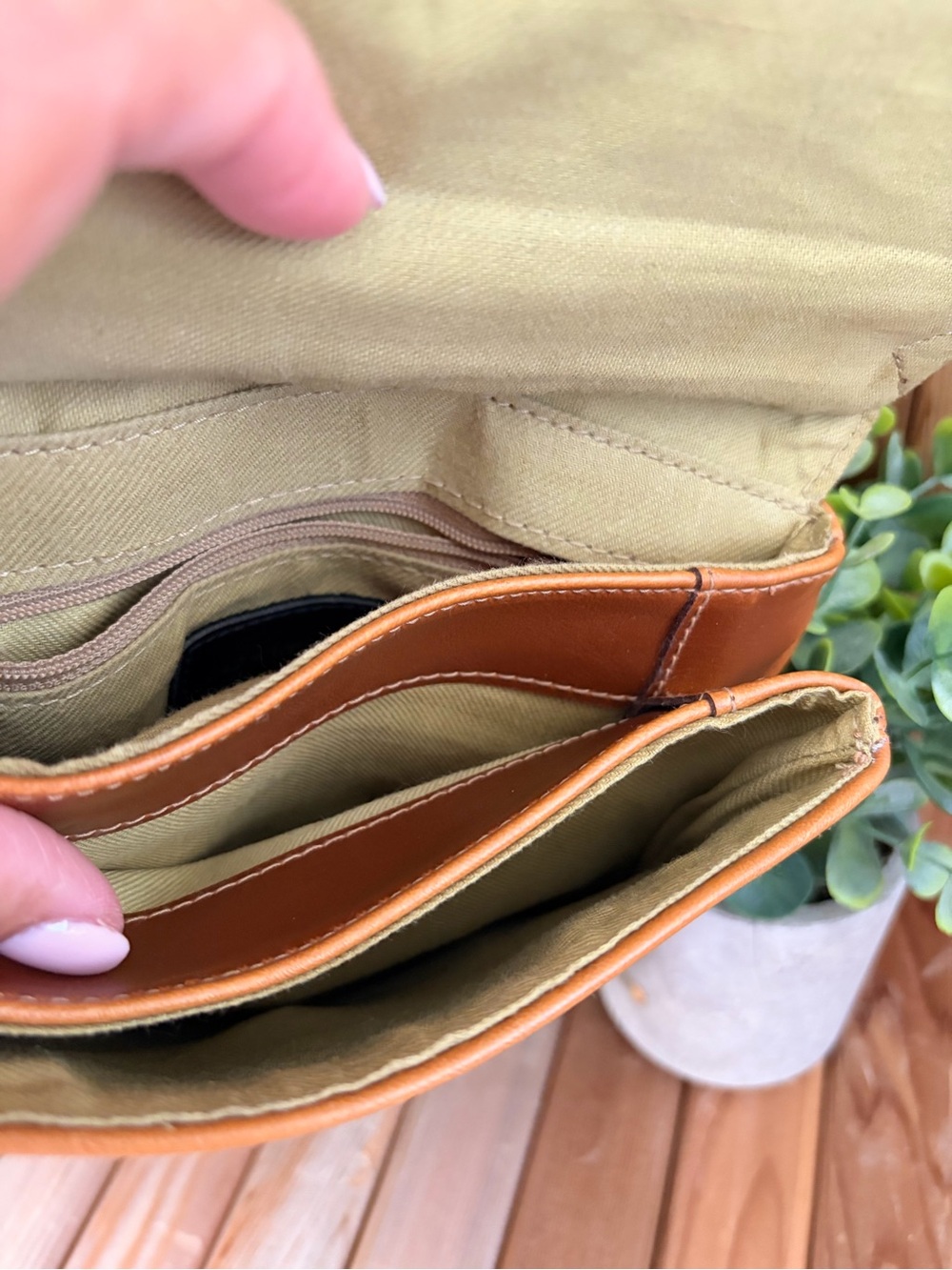 LC Lauren Conrad Vintage Leather Crossbody Bag, Cognac Patina, Green Interior - Picture 8 of 11